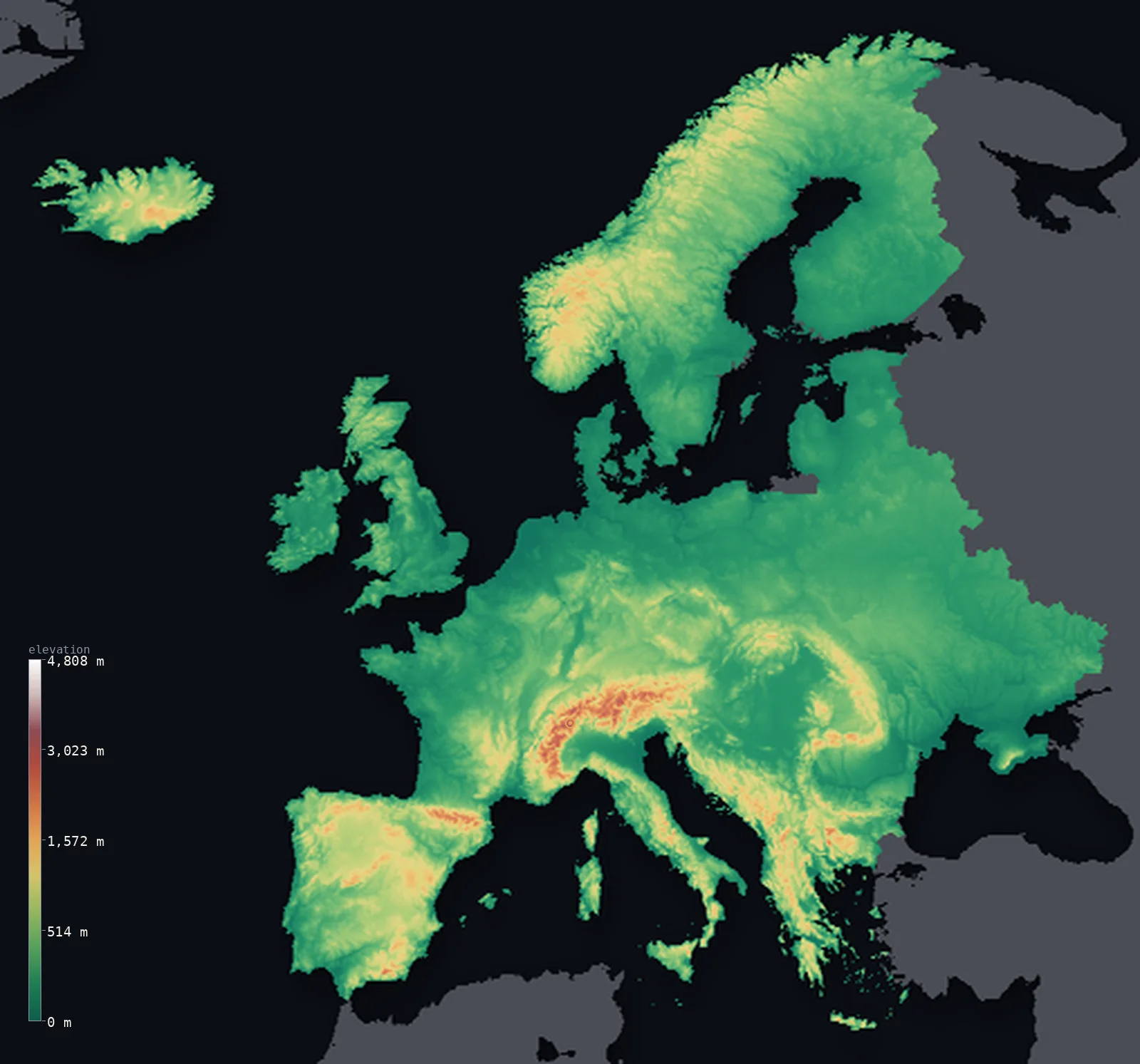 Interactive 3D elevation map of Europe, shaded relief from the Copernicus GLO-30 model