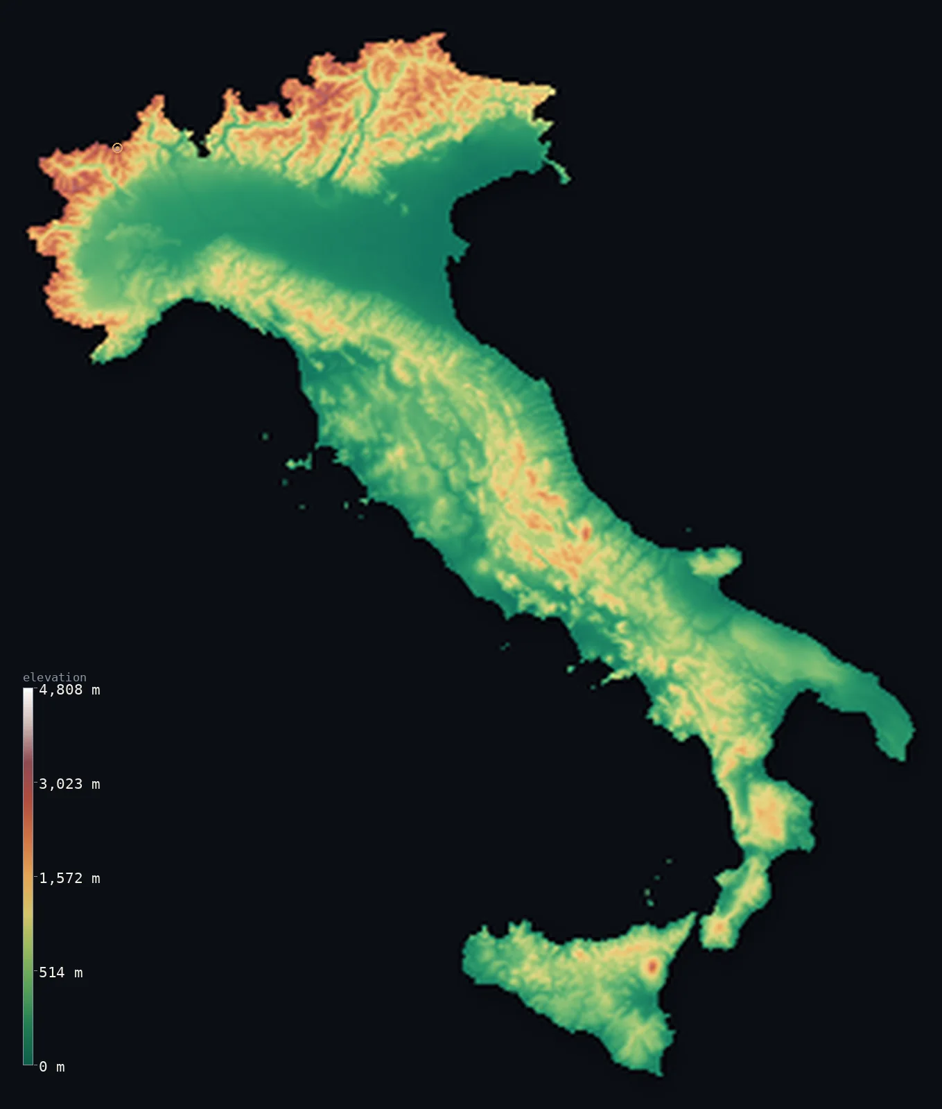 Interactive 3D elevation map of Italy, shaded relief from the Copernicus GLO-30 model