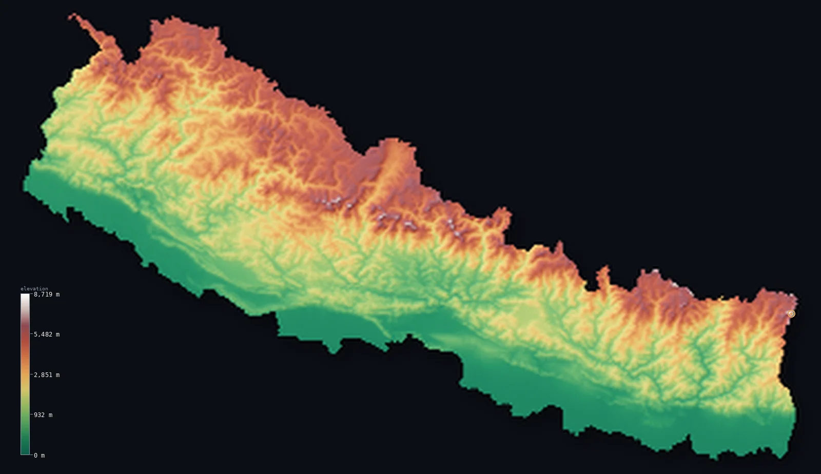 3D elevation render of Nepal — the Himalaya rising from the Gangetic plain, from the Copernicus GLO-30 model