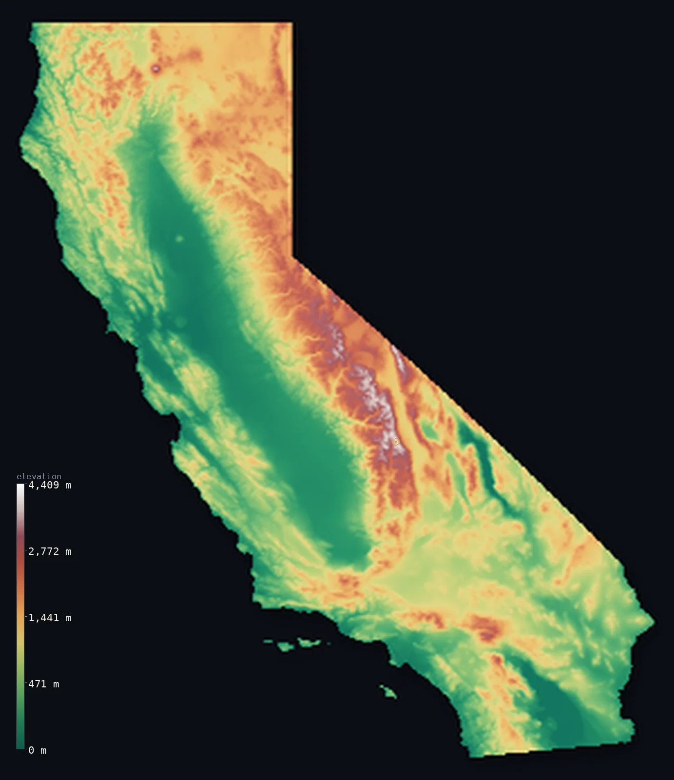 Interactive 3D elevation map of California, shaded relief from the Copernicus GLO-30 model