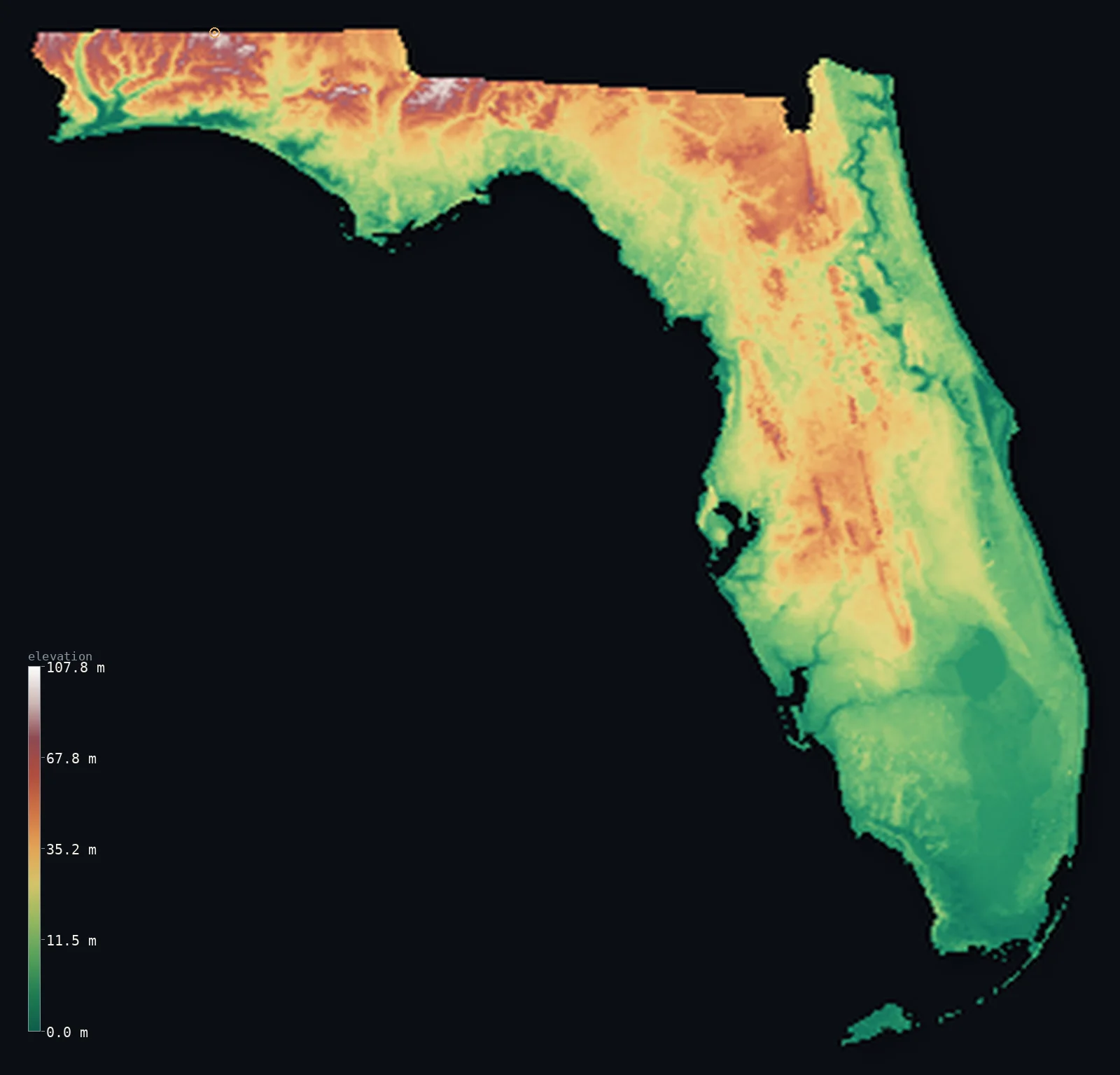 Interactive 3D elevation map of Florida, shaded relief from the Copernicus GLO-30 model