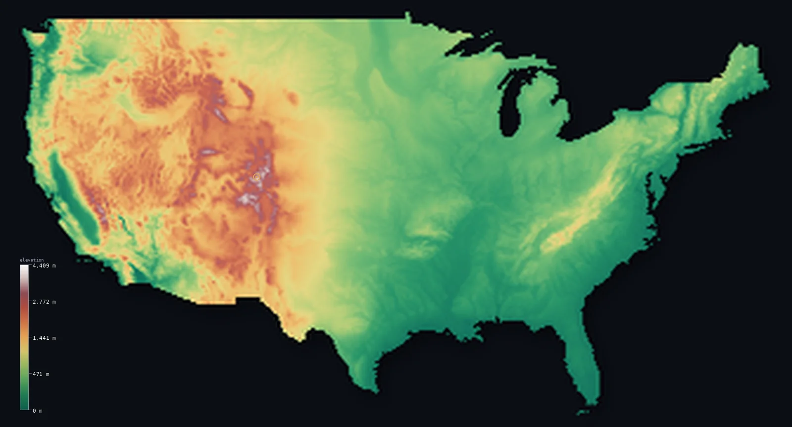 Interactive 3D elevation map of United States, shaded relief from the Copernicus GLO-30 model