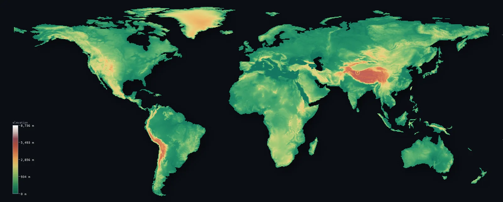 Interactive 3D elevation map of World, shaded relief from the Copernicus GLO-30 model